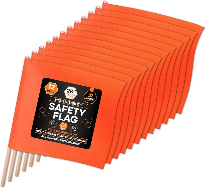 xpose safety Orange Safety Flags, 18” x 18” Square Warning Flags with 28” Wooden Staff, 12-Pack for Wide Loads, Truck Towing, Roof Work & Caution Use - Image 1